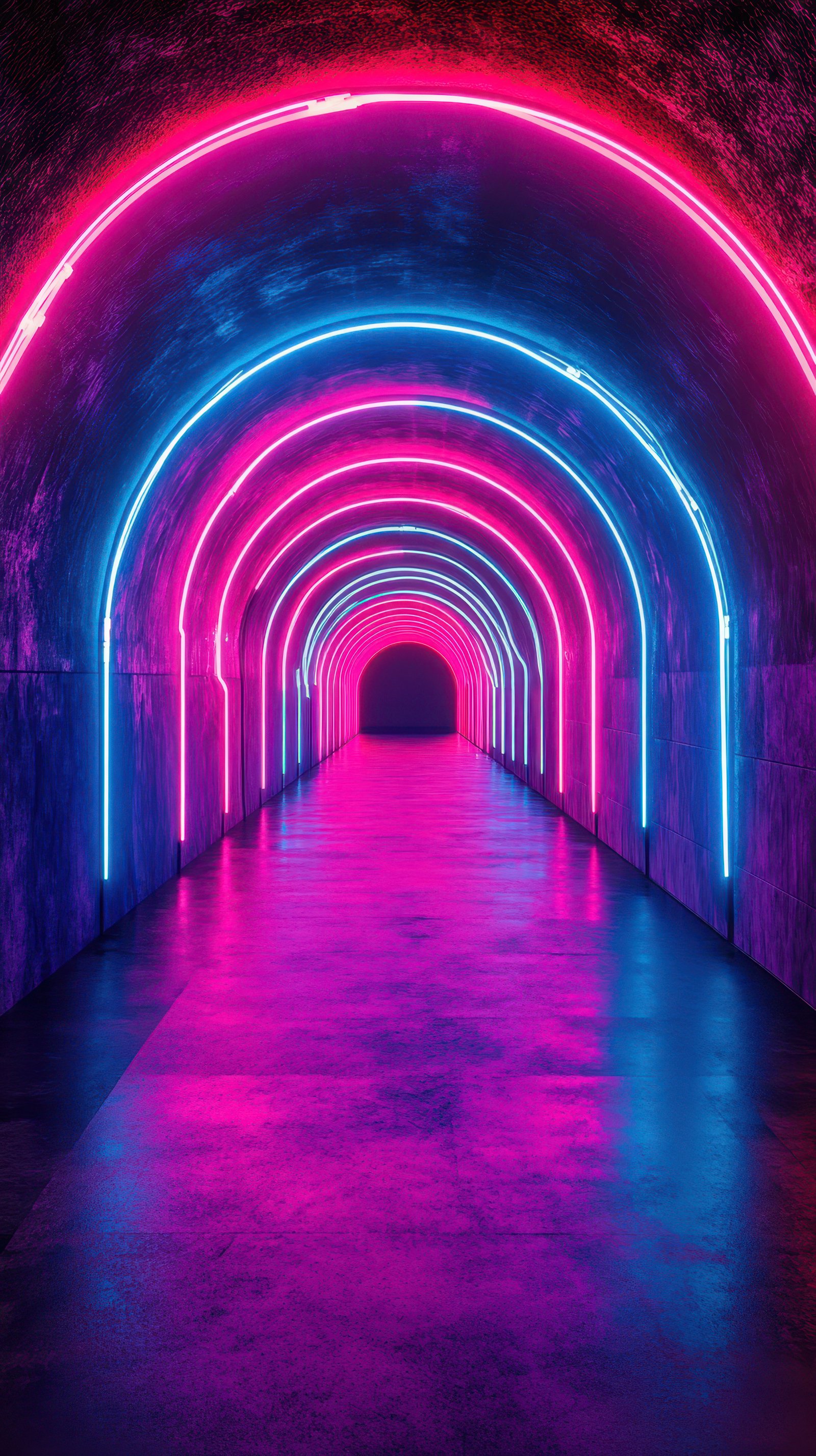 Colorful neon tunnel with glowing lights creating an intricate archway in a dark setting at night